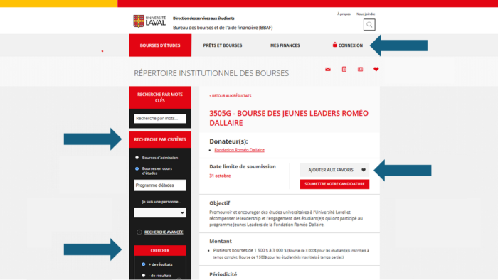 Page d'accueil du répertoire de bourses avec une flèche pointant les éléments suivants: le bouton «connexion», le bouton «Ajouter aux favoris», la section «Recherche par critère» et le bouton «Chercher».