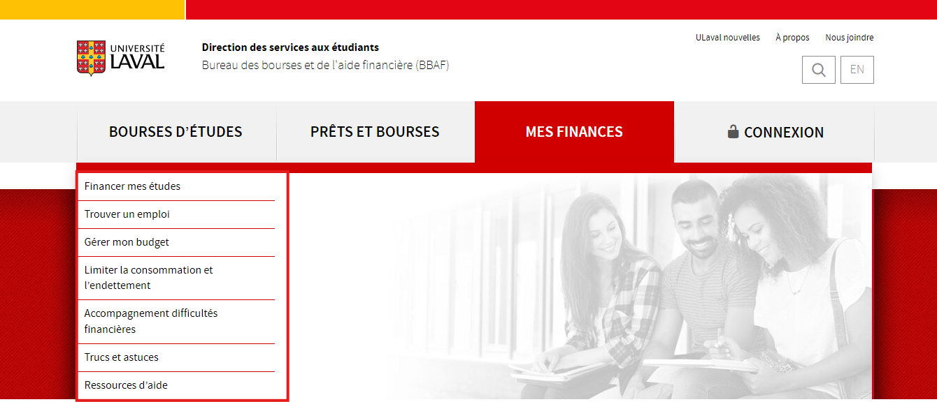 Visuel du menu «Mes finances»: Financer mes études; Trouver un emploi; Gérer mon budget; Limiter la consommation et l'endettement, Accompagnement - difficultés financières, Trucs et astuces, Ressources d'aide